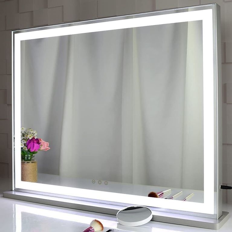 hollywood led makeup mirror with smart touch control and 3 colors dimmable light (72 x 56 cm) LED vanity mirror with touch controls on dresser