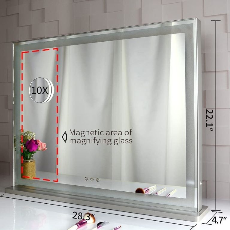 hollywood led makeup mirror with smart touch control and 3 colors dimmable light (72 x 56 cm) LED bathroom mirror with 10x magnetic magnifier