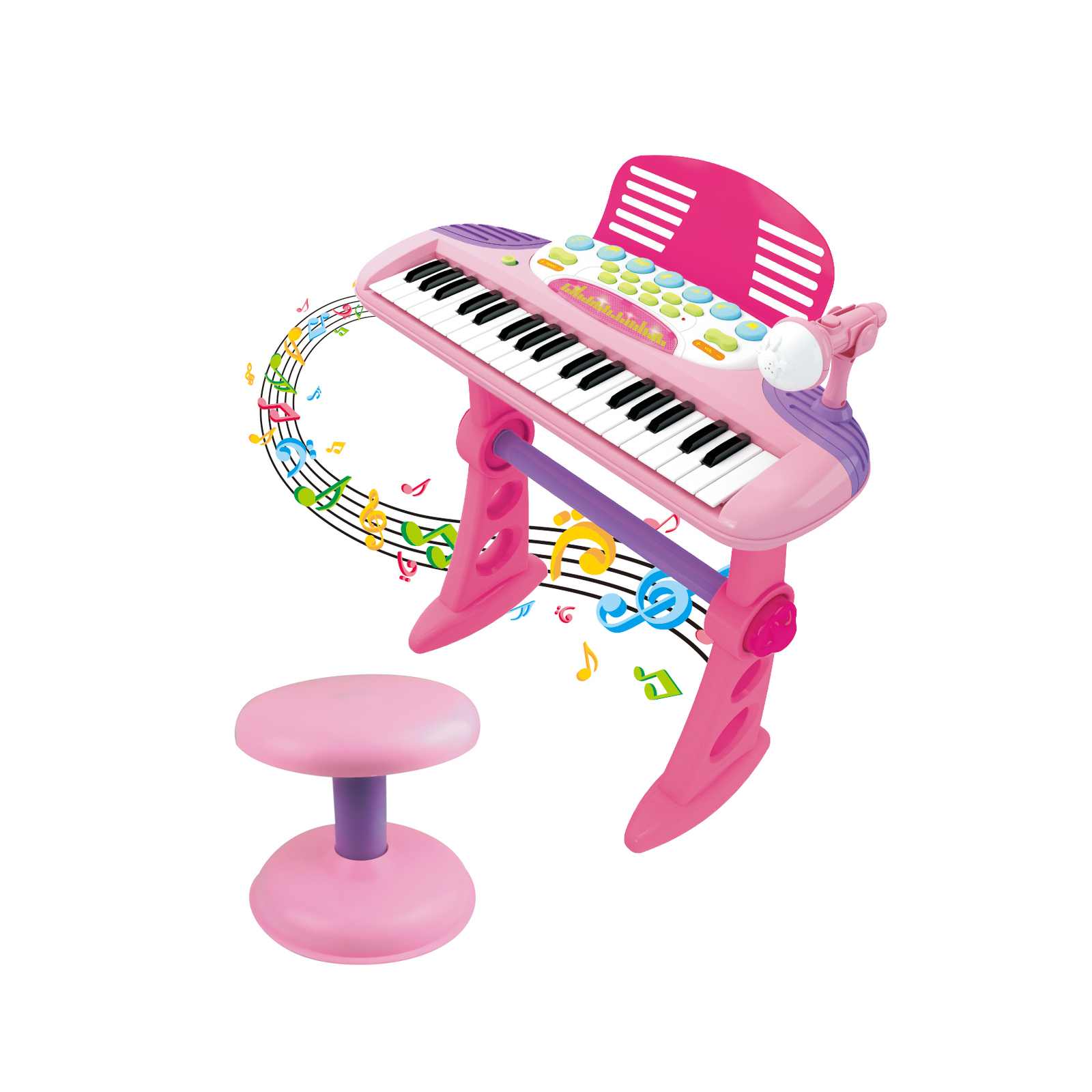 Pink children's keyboard with stool and music notes