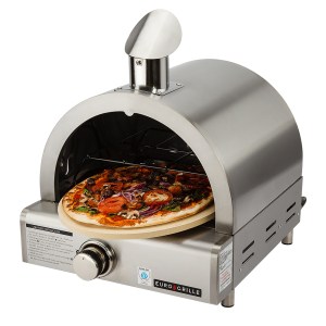 Stainless steel countertop pizza oven with pizza inside