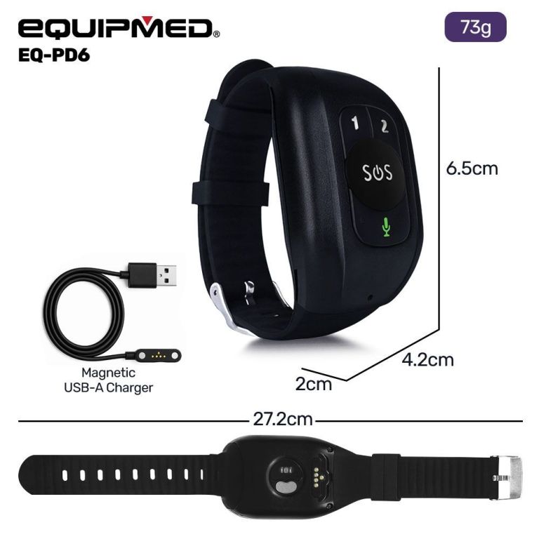 equipmed gps fall detection emergency bracelet with sos button, for seniors, 2 way calling, location tracking, speed dial, iphone and android compatible Equipmed EQ-PD6 emergency wrist alert device
