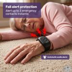 equipmed gps fall detection emergency bracelet with sos button, for seniors, 2 way calling, location tracking, speed dial, iphone and android compatible Elderly woman wearing fall alert device on floor