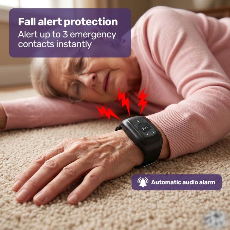 equipmed gps fall detection emergency bracelet with sos button, for seniors, 2 way calling, location tracking, speed dial, iphone and android compatible Elderly woman wearing fall alert device on floor
