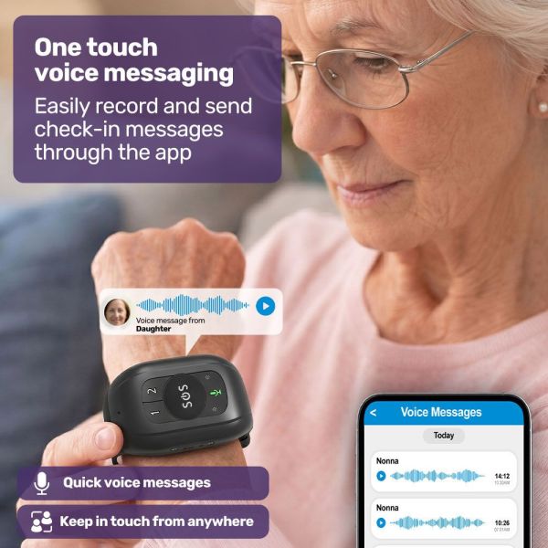 equipmed gps fall detection emergency bracelet with sos button, for seniors, 2 way calling, location tracking, speed dial, iphone and android compatible Elderly woman using SOS voice messaging wrist device