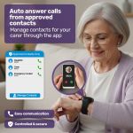 equipmed gps fall detection emergency bracelet with sos button, for seniors, 2 way calling, location tracking, speed dial, iphone and android compatible Elderly woman using smartwatch with call management app