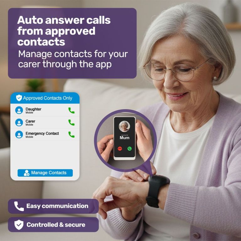 equipmed gps fall detection emergency bracelet with sos button, for seniors, 2 way calling, location tracking, speed dial, iphone and android compatible Elderly woman using smartwatch with call management app