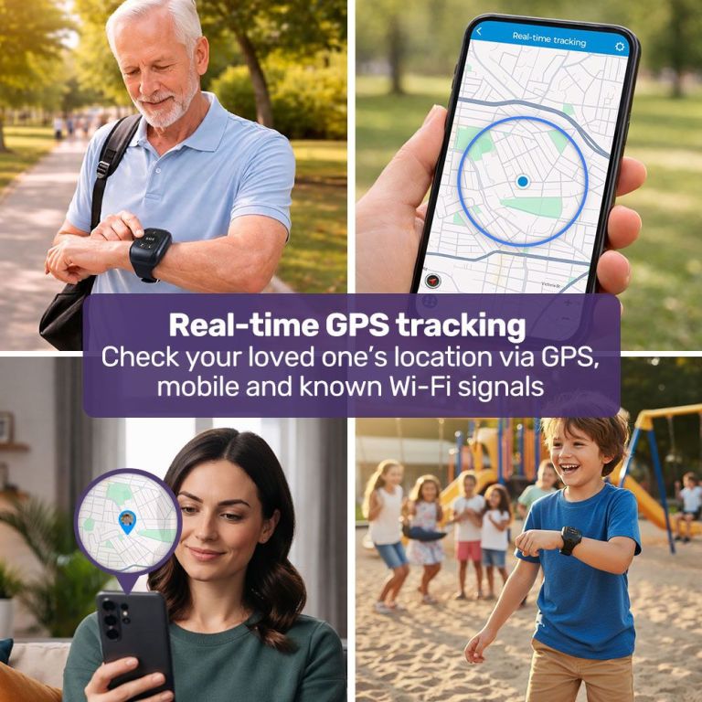 equipmed gps fall detection emergency bracelet with sos button, for seniors, 2 way calling, location tracking, speed dial, iphone and android compatible Family using real-time GPS tracking smartwatch and app