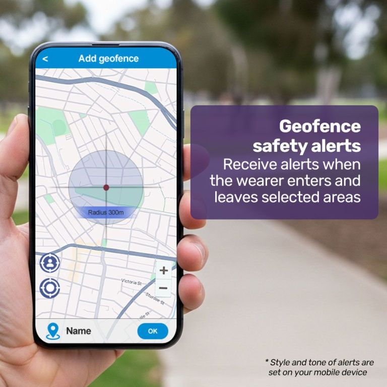 equipmed gps fall detection emergency bracelet with sos button, for seniors, 2 way calling, location tracking, speed dial, iphone and android compatible Smartphone displaying geofence safety alert map radius