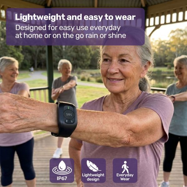 equipmed gps fall detection emergency bracelet with sos button, for seniors, 2 way calling, location tracking, speed dial, iphone and android compatible Senior woman wearing smartwatch during outdoor exercise class