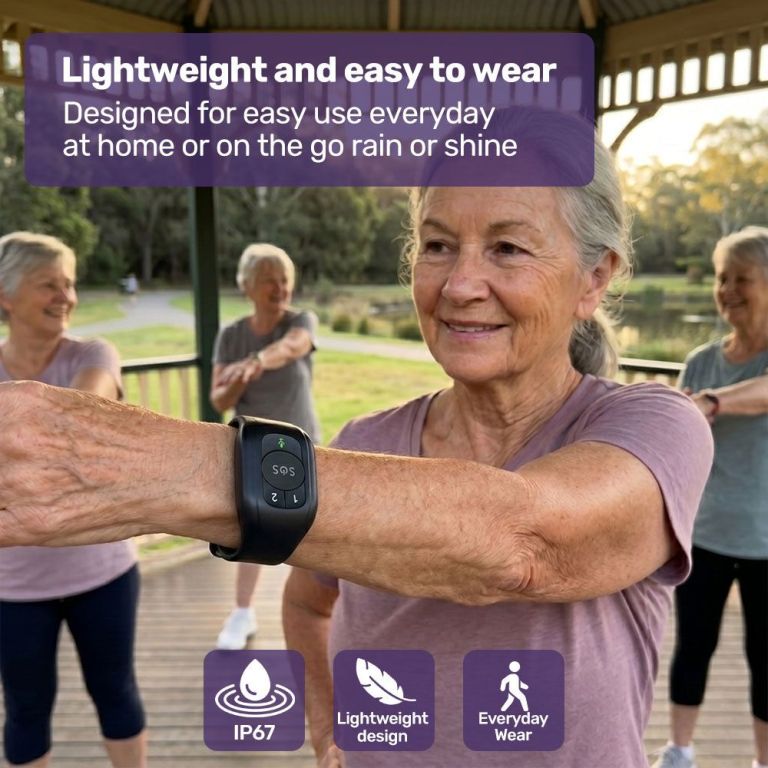 equipmed gps fall detection emergency bracelet with sos button, for seniors, 2 way calling, location tracking, speed dial, iphone and android compatible Senior woman wearing smartwatch during outdoor exercise class