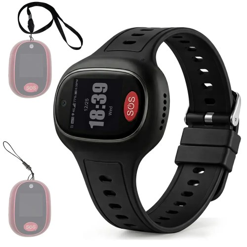 Black smartwatch and pink SOS emergency pendants