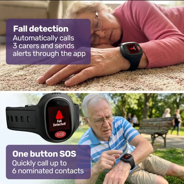 equipmed fall detection alarm watch/pendant with gps and sos emergency button, for seniors, location tracking, 2 way calling, iphone and android compatible Elderly people using smartwatch with fall detection SOS
