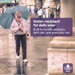 equipmed fall detection alarm watch/pendant with gps and sos emergency button, for seniors, location tracking, 2 way calling, iphone and android compatible Woman walking in rain with umbrella, water-resistant feature