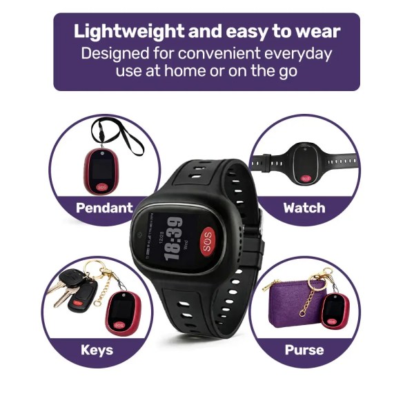 equipmed fall detection alarm watch/pendant with gps and sos emergency button, for seniors, location tracking, 2 way calling, iphone and android compatible Lightweight SOS emergency device worn as watch or pendant