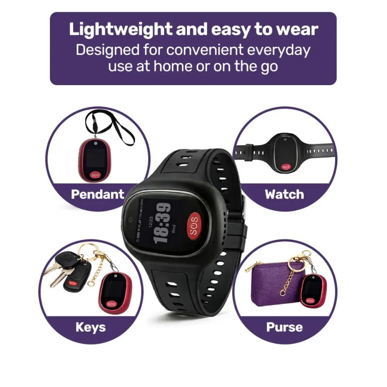 equipmed fall detection alarm watch/pendant with gps and sos emergency button, for seniors, location tracking, 2 way calling, iphone and android compatible Lightweight SOS emergency device worn as watch or pendant