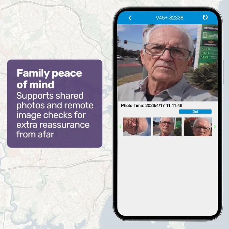 equipmed fall detection alarm watch/pendant with gps and sos emergency button, for seniors, location tracking, 2 way calling, iphone and android compatible Smartphone displaying elderly man’s photo and tracking app