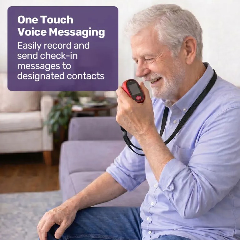 equipmed fall detection alarm watch/pendant with gps and sos emergency button, for seniors, location tracking, 2 way calling, iphone and android compatible Older man using one-touch voice messaging device