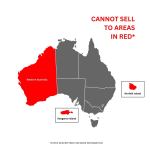Map highlighting restricted Australian sales areas in red