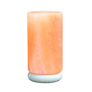 Cylindrical Himalayan salt lamp on grey base