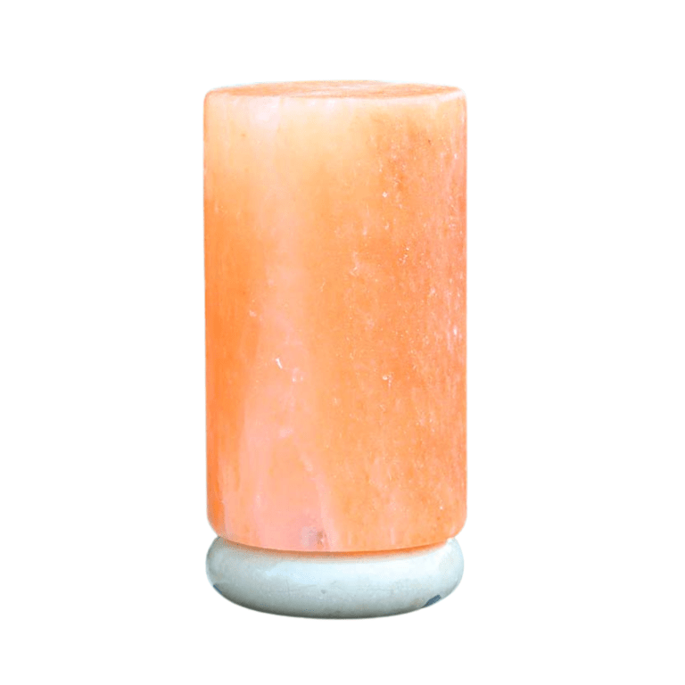 Cylindrical Himalayan salt lamp on grey base