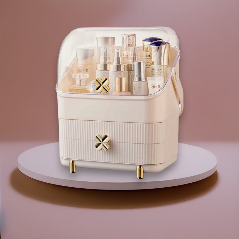 Elegant cosmetic organiser with skincare bottles inside