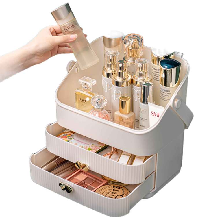 Hand placing skincare bottle into cosmetic organiser