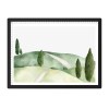 Watercolour hills with winding path and tall trees