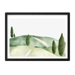 Watercolour hills with winding path and tall trees