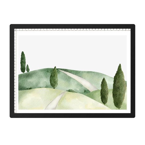 Watercolour hills with winding path and tall trees