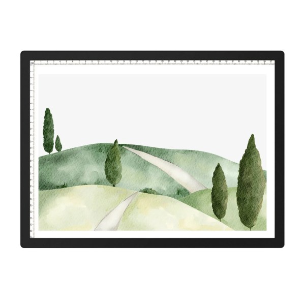 Watercolour hills with winding path and tall trees
