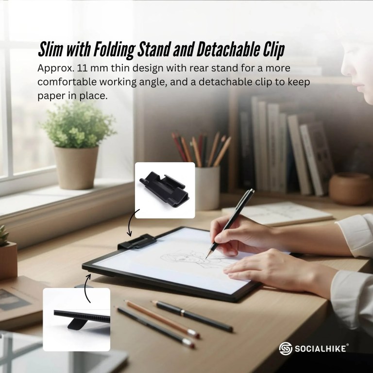 Slim drawing board with folding stand and clip