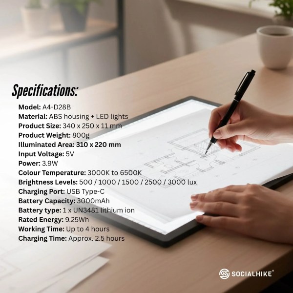 LED light pad specifications beside drawing tablet
