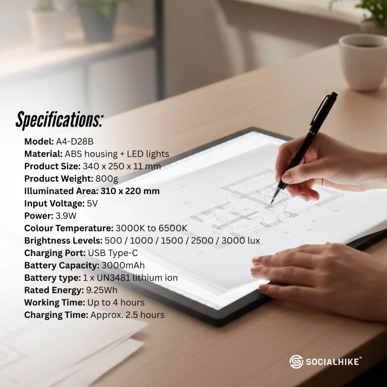 LED light pad specifications beside drawing tablet