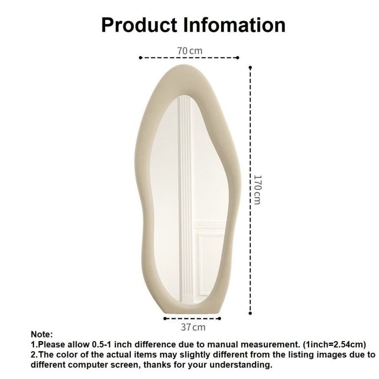 Irregular full-length mirror with dimensions displayed