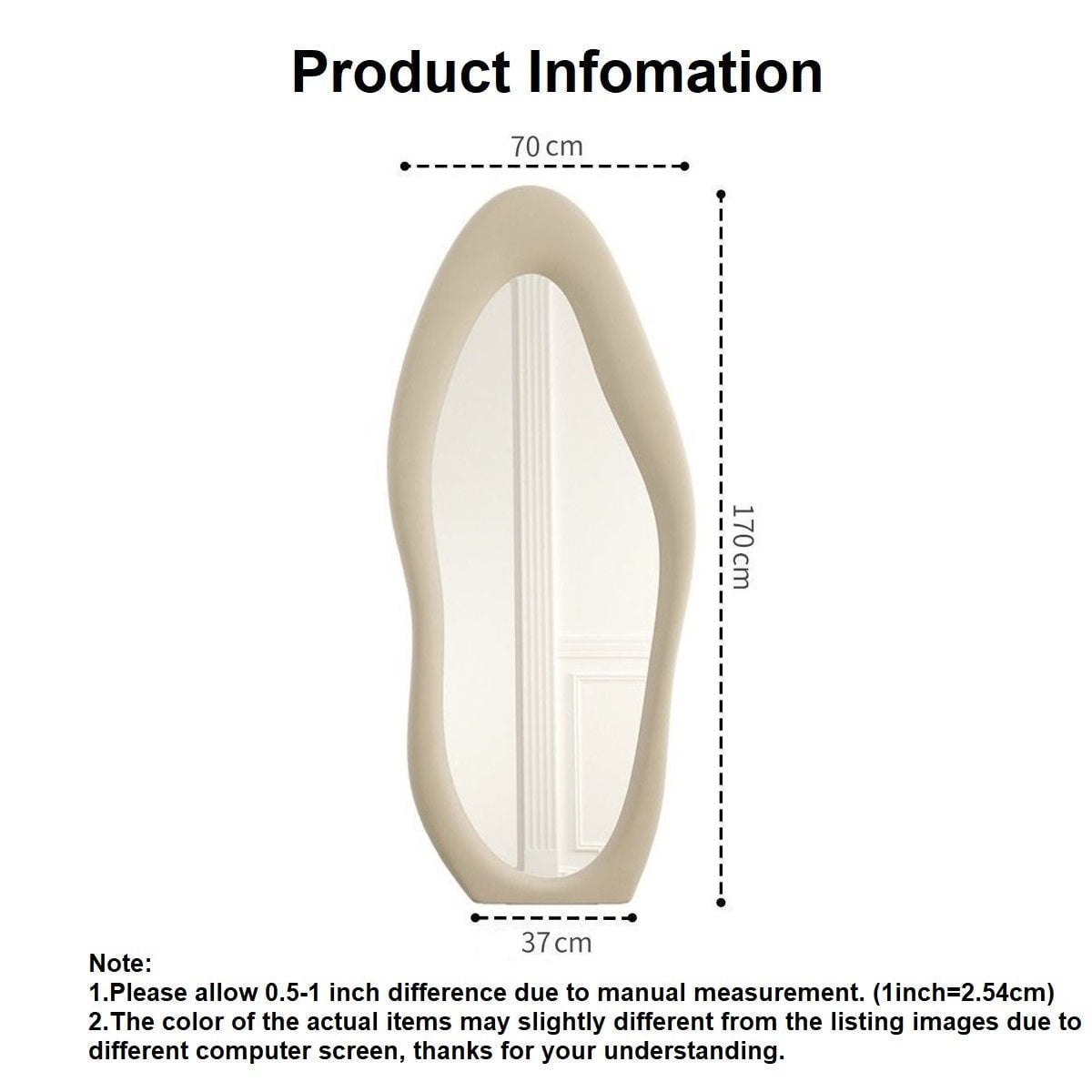 Irregular full-length mirror with dimensions displayed