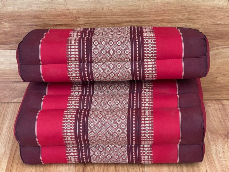 3 fold zafu meditation cushion medium size red Stacked red and brown patterned floor cushions