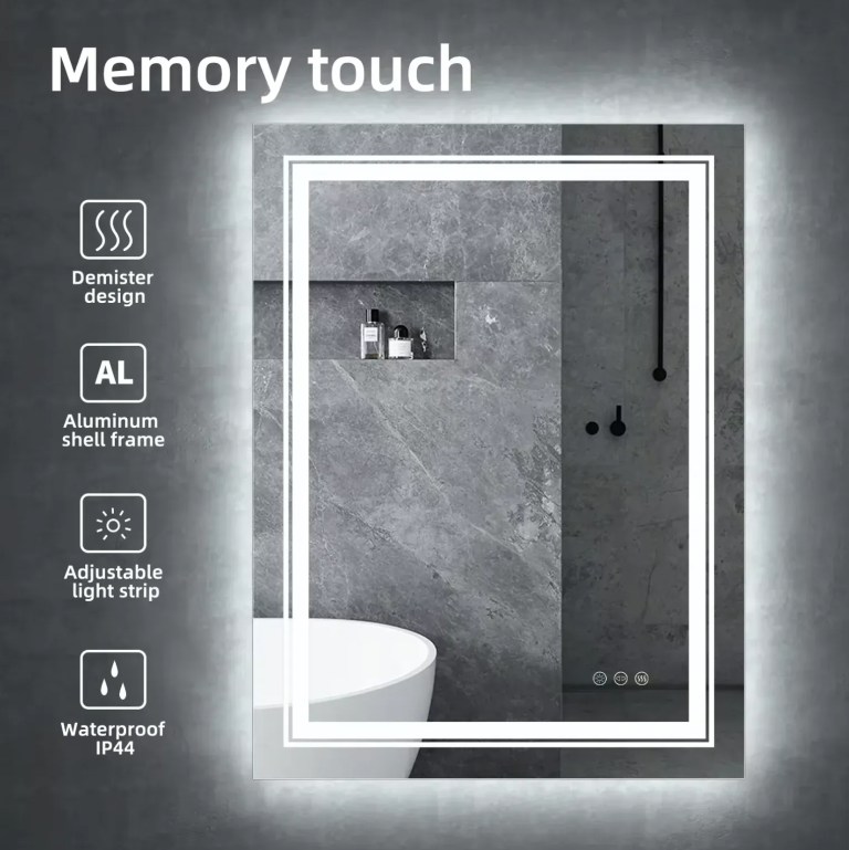 Illuminated bathroom mirror with demister and light strip