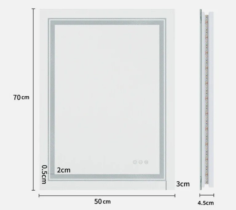 Rectangular LED bathroom mirror with dimensions labelled