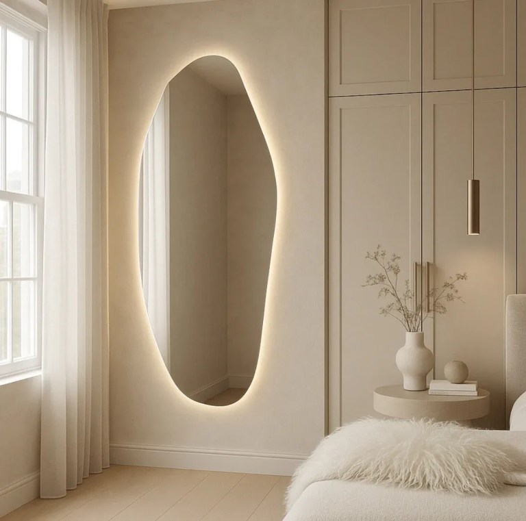 interior ave opal irregular led wall mirror – backlit statement mirror Minimalist bedroom with backlit oval wall mirror