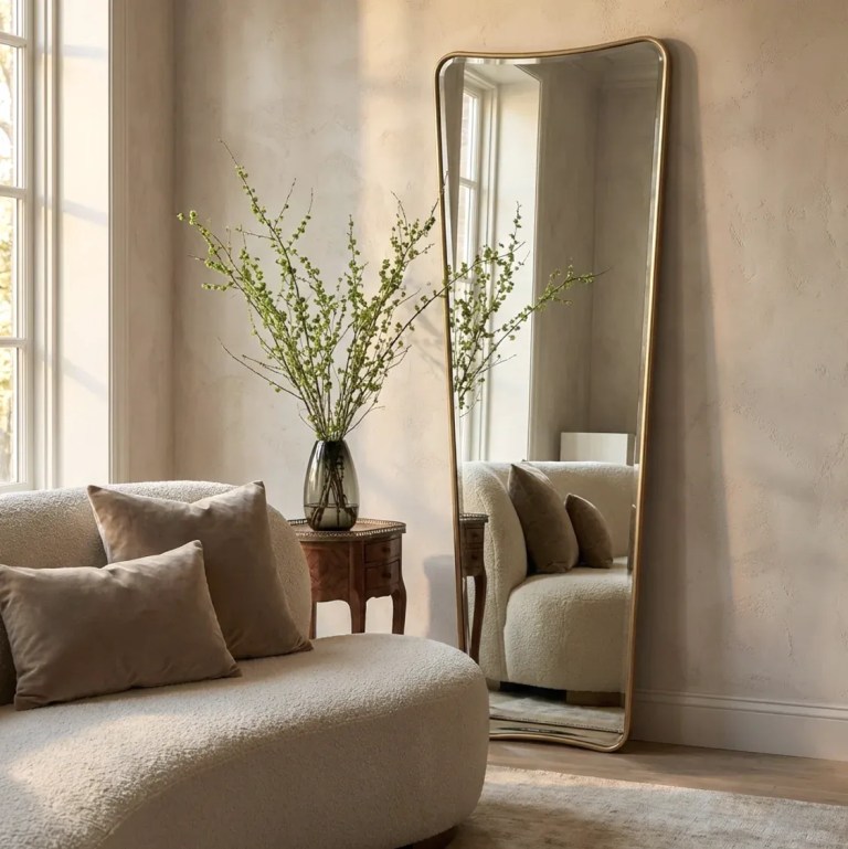 interior ave pierre full length gold frame wall mirror — classic statement Curved sofa beside tall mirror and vase