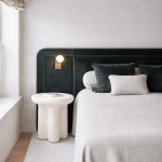 interior ave santorini stone side table ivory Modern bedroom with dark headboard and white bedding