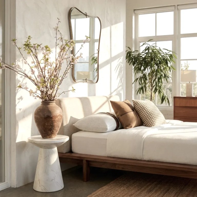 Sunlit bedroom with wooden bed and vase