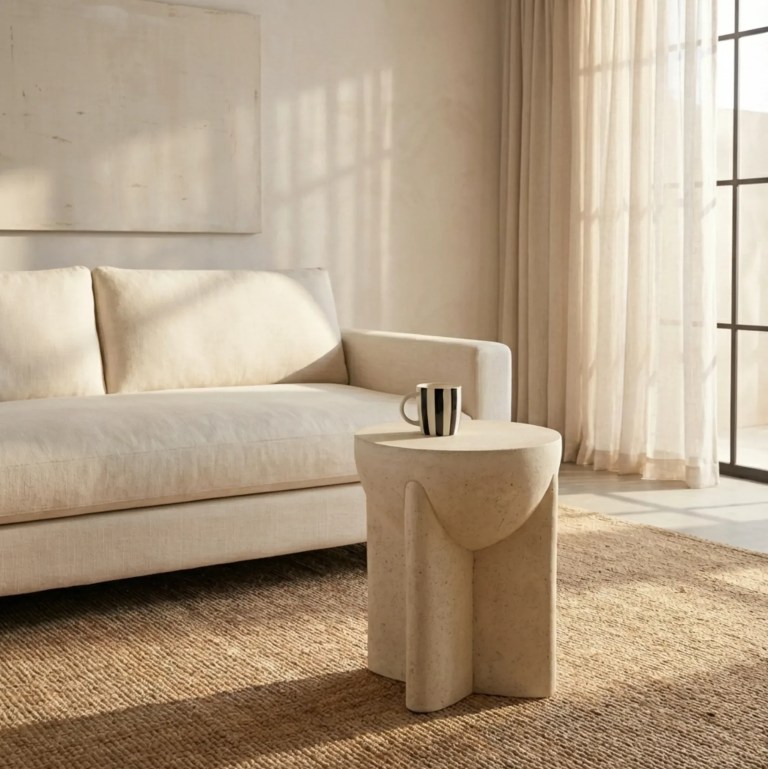 Minimalist living room with sofa and stone side table