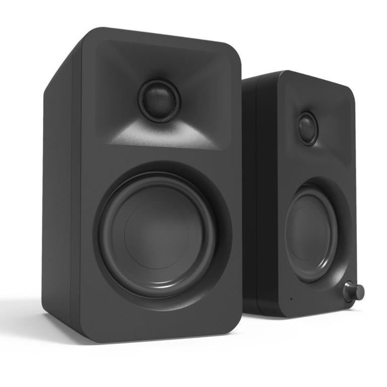 Pair of black bookshelf speakers on white background