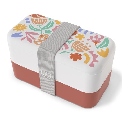 Floral patterned lunch box with elastic strap