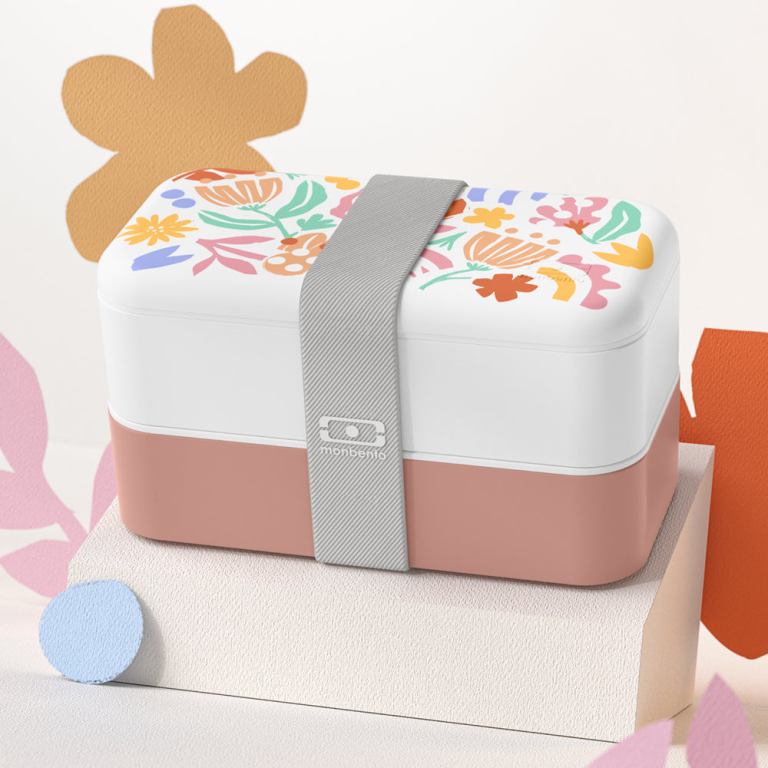 Floral pastel bento lunch box with strap