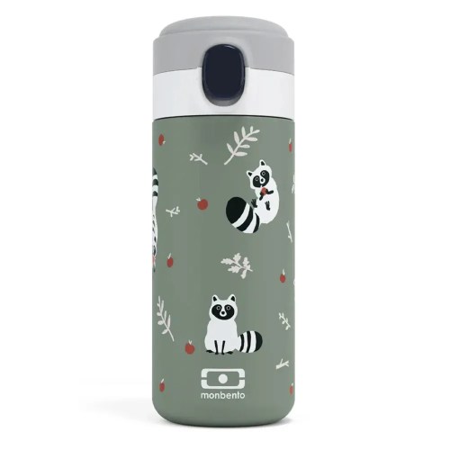 Green reusable bottle with raccoon illustrations