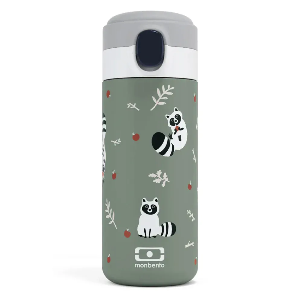 v398 mo 36334073 00.webp Green reusable bottle with raccoon illustrations