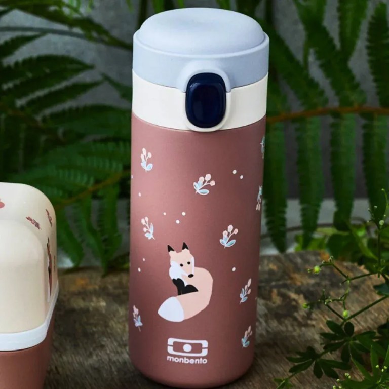 monbento mb pop insulated bottle fox Fox illustrated reusable water bottle on wooden table