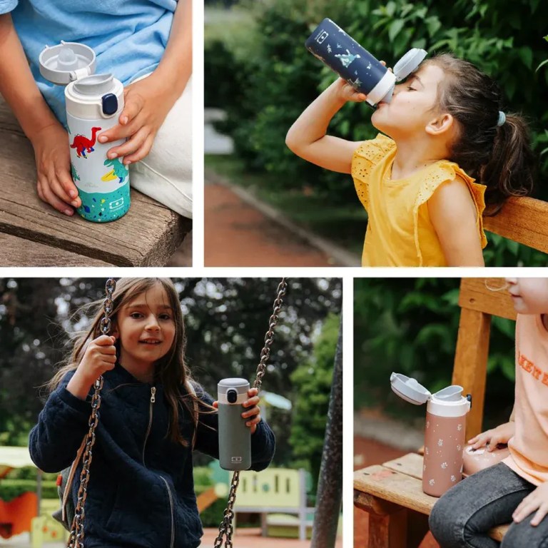 monbento mb pop insulated bottle wolf Children with reusable water bottles at playground